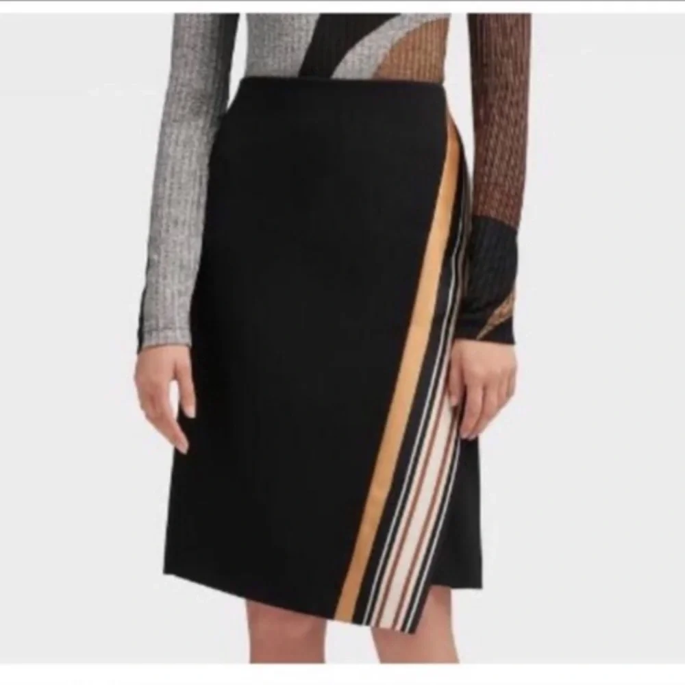 DKNY Black Midi Skirt with Tan and White Stripe Detail